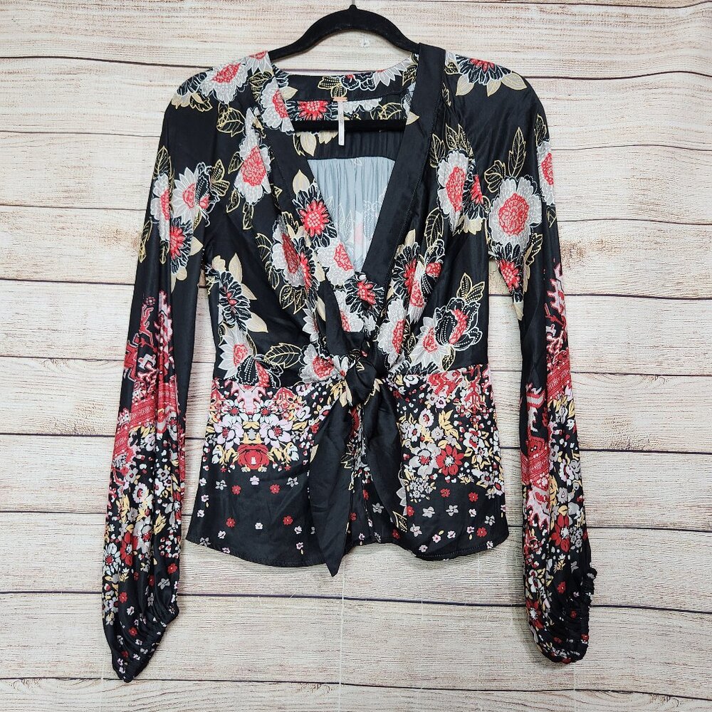 Free People Blouse Womans S/P Run Free Satin Tie Waist Tunic Black Combo Boho